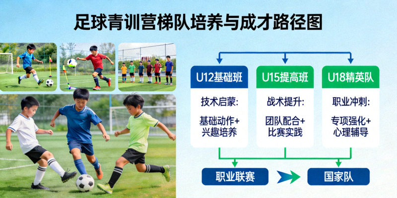 足球青训营年轻球员训练场景 - 梯队培养与成才路径图