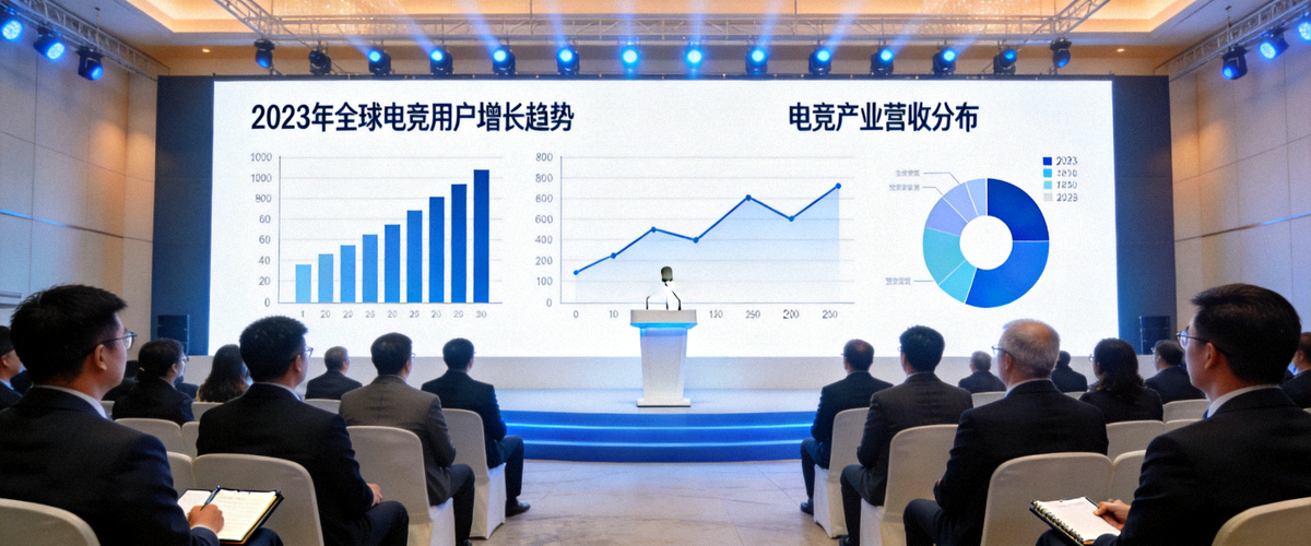 电竞产业数据分析报告发布会现场 - 大屏幕展示数据图表